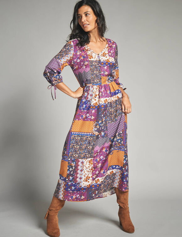 Robe longue imprimé patchwork col V (marine / violet) Robe longue imprimé patchwork col V (marine / violet)
